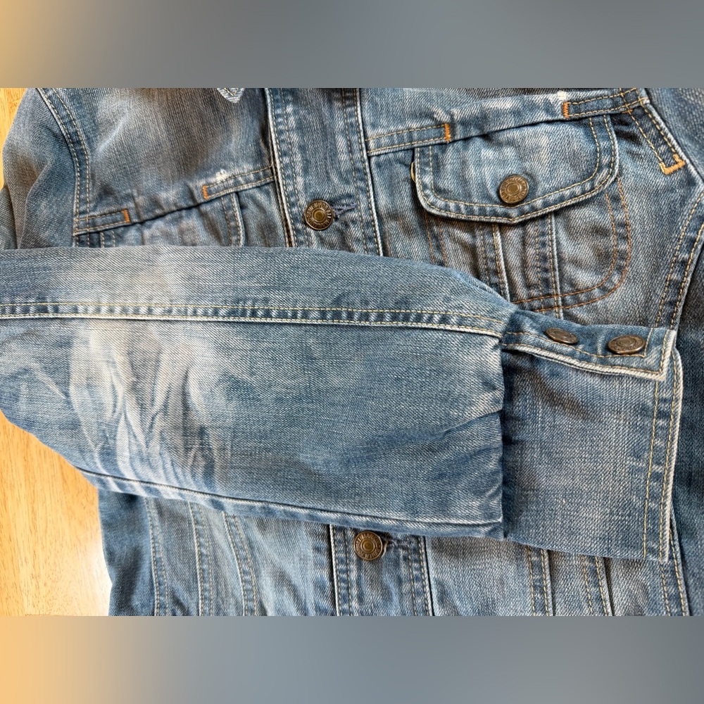7 For All Mankind Women’s Small Blue Denim Jean Jacket Medium Wash Lined Trucker - Picture 6 of 13